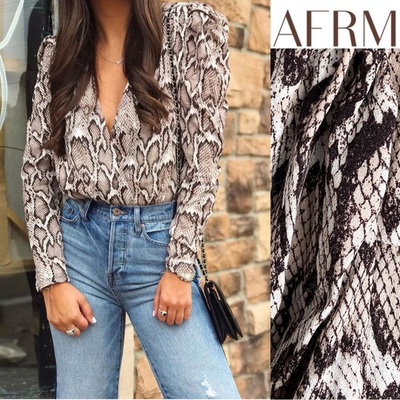 AFRM Nora Bodysuit Snakeskin Printed Long Sleeves Office Career Bar Cocktail L - Picture 1 of 9